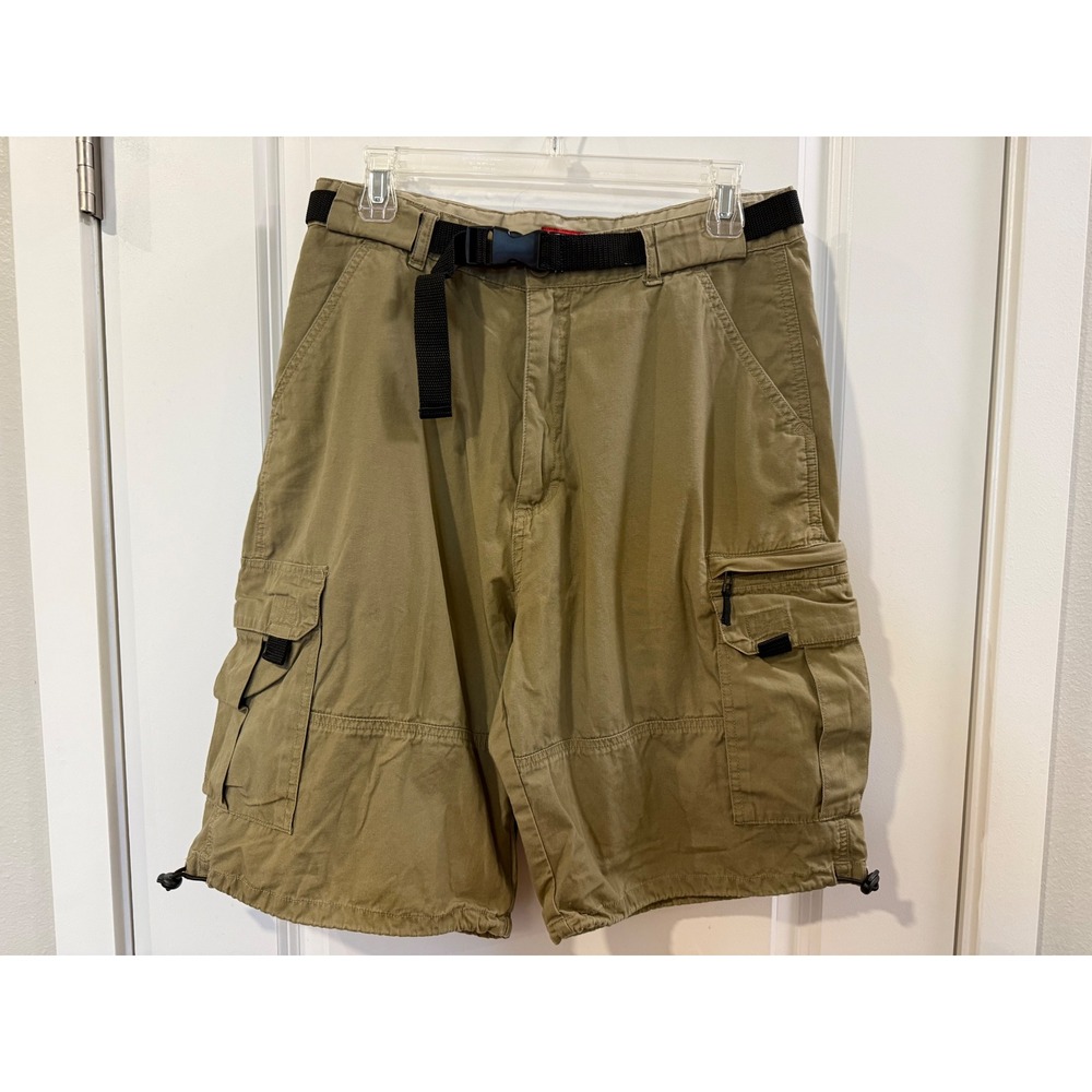 Brittania Mens Khaki Cotton Cargo Shorts Size 33 Belted Gorpcore Utility Tan